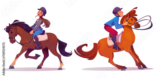 Male and female horse rider in helmet and uniforms. Cartoon vector illustration of equestrian school and racehorse sport set with man and woman jockey in equipment ride on animal in saddle with bridle