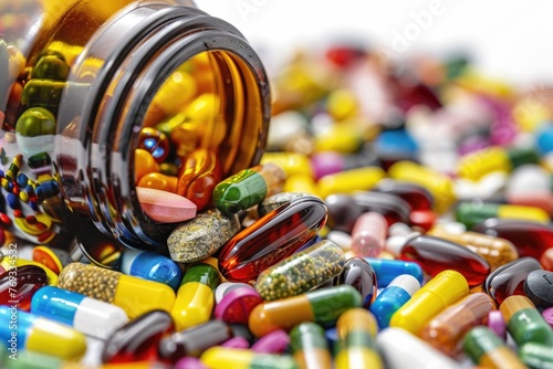 A vibrant array of multicolored pills spills from an orange prescription bottle onto a white surface, highlighting pharmaceutical diversity. photo
