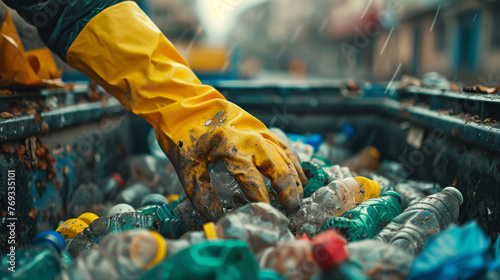 Hand pick plastic trash in garbage bin 