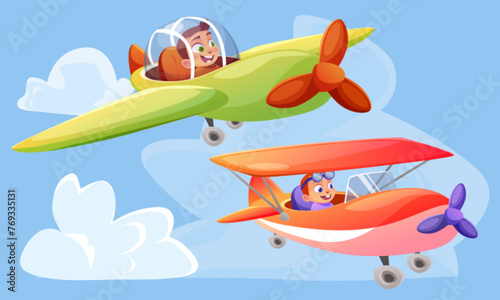 Happy kids flying on color planes in sky. Vector cartoon illustration of cute little boys piloting green and red toy aircraft, blue skyline background with clouds, school banner template, childhood