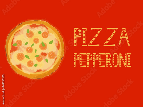 Illustrator design, Drawing Pepperoni Pizza and red background color.
