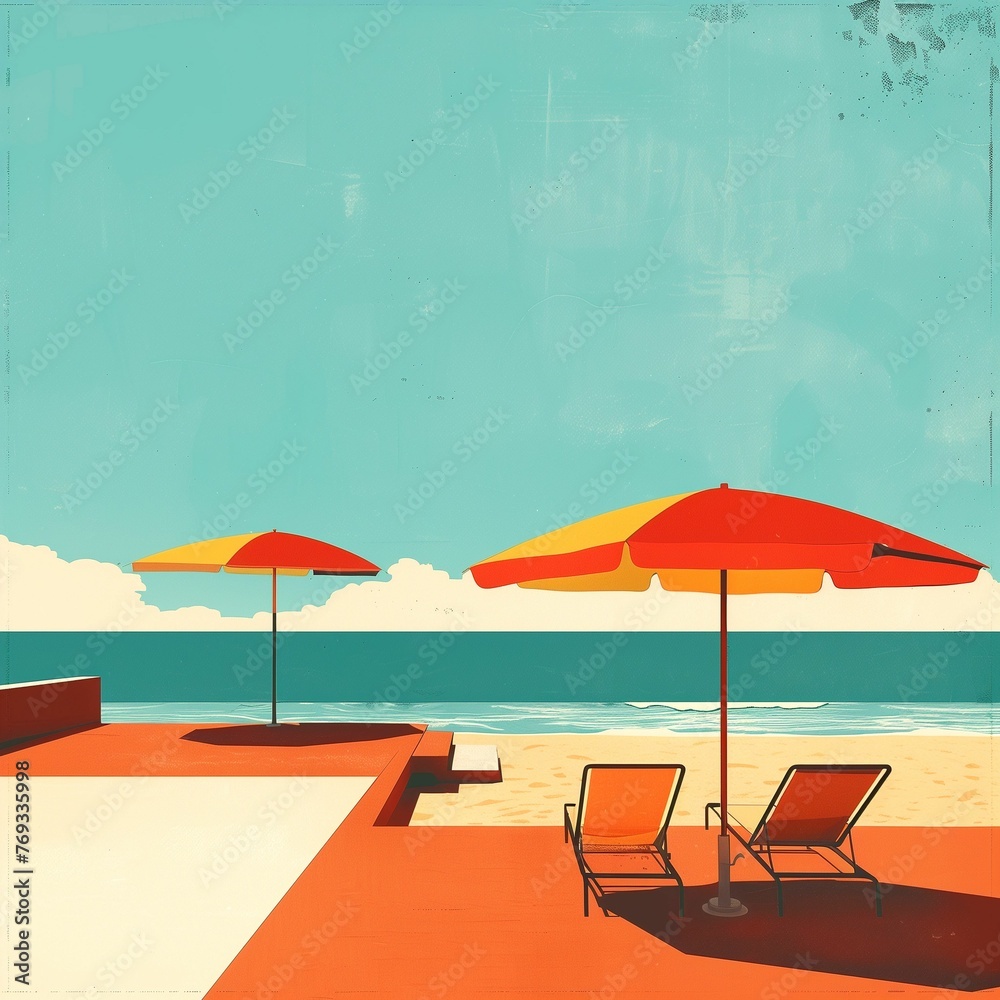 Poster minimalist retro beach with palm trees and with schizlongs design