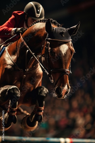 A powerful close-up of a horse and rider in mid-jump at a showjumping event, with a focused spotlight enhancing the intensity of the competition