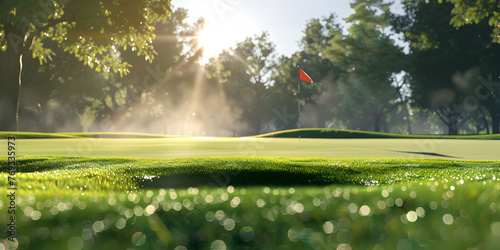 Close up golf ball in grass field shallow depth of field white  red flag on a flagpole on a golf course, A detailed shot of a well-maintained golf course with manicured green lawns and sand traps 