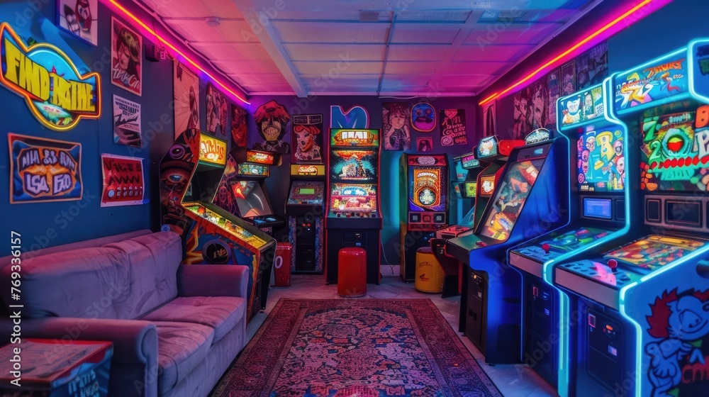 Retro slot machine room. Casino game background. Gambling addiction. Gamble luck. Beautiful neon light. Joyful night life concept. Big victory. Lucky bet play. 777 arcade and money prize roulette.
