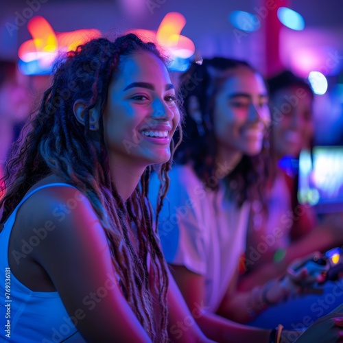 Friends enjoy an exhilarating gaming session in a vibrant arcade