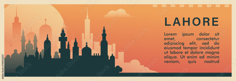 Lahore city brutalism vector banner with skyline, cityscape. Pakistan, Punjab megacity retro horizontal illustration, travel layout for web presentation, header, footer