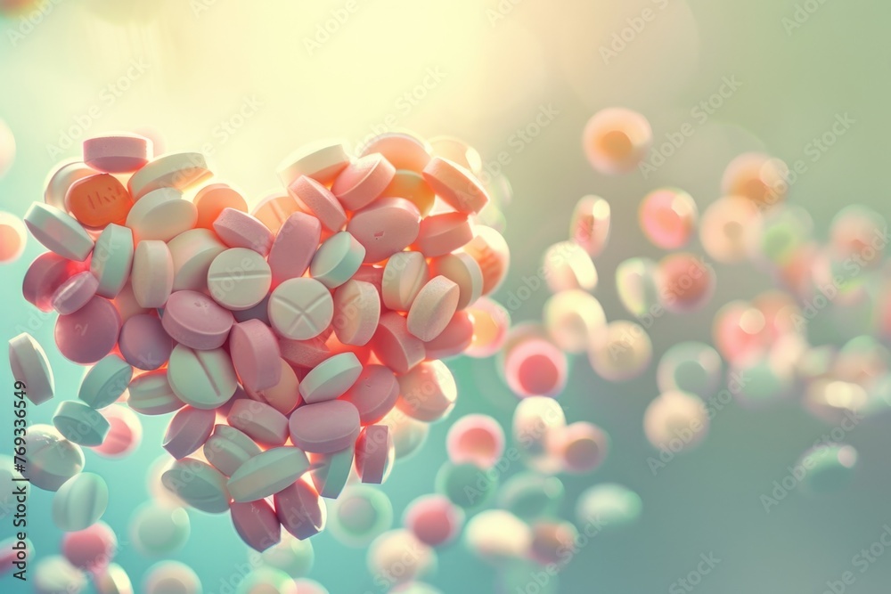 A vibrant collection of multicolored tablets and capsules form a heart shape, symbolizing love and care in healthcare and medicine.