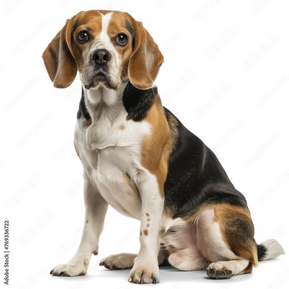 Beagle, 5 years old, sitting in front of on transparency background PNG
