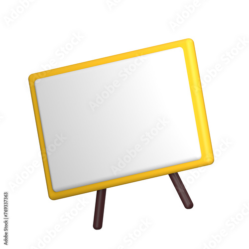 a yellow and white sign on a wooden stand