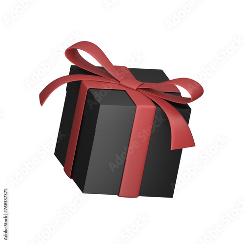 a black and red gift box with a red ribbon