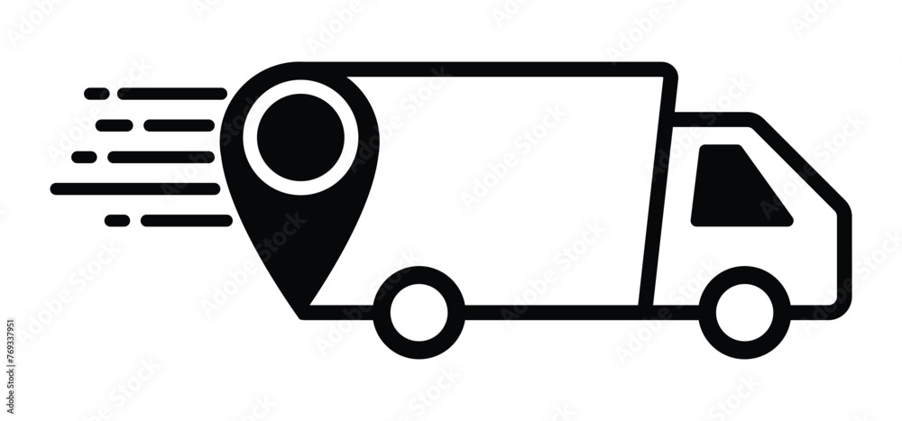 Fast shipping delivery truck. express delivery van with map icon. transparent vector symbol for transportation apps and websites.