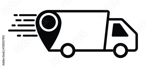 Fast shipping delivery truck. express delivery van with map icon. transparent vector symbol for transportation apps and websites.