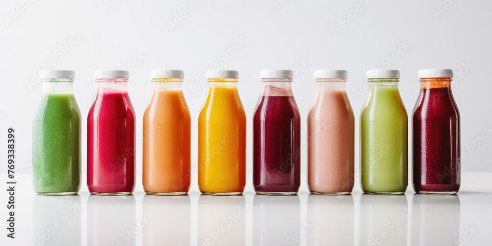 A row of juice bottles with different colors and flavors A row of juice bottles with different colors and flavors