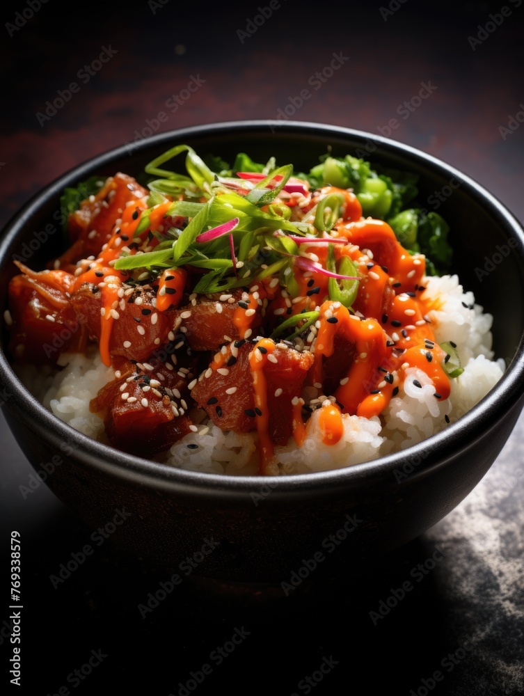 A bowl of food with rice and meat, with a sauce on top A bowl of food with rice and meat, with a sauce on top