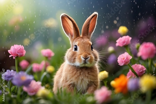 Cute Easter bunny sitting in the garden with tulips and rain © ASGraphicsB24