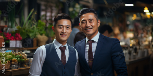 Portrait of two asian businessman. Employees in suits standing in modern office. Smiling male office workers looking at camera in workplace meeting area.