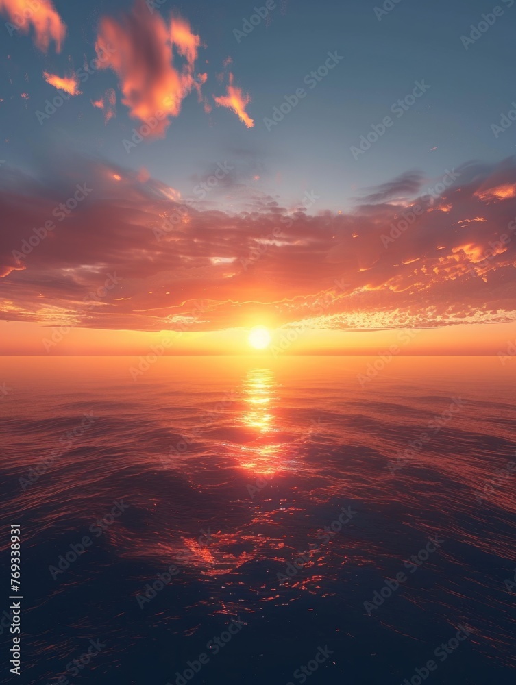 A beautiful sunset over the ocean with a large sun in the sky A beautiful sunset over the ocean with a large sun in the sky