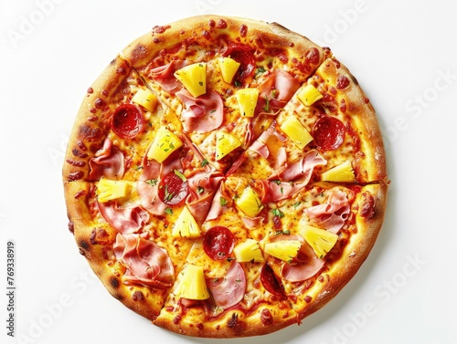 A pizza with pineapple and ham toppings