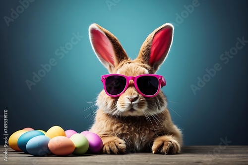 Cute bunny with sunglasses and easter eggs on blue background.