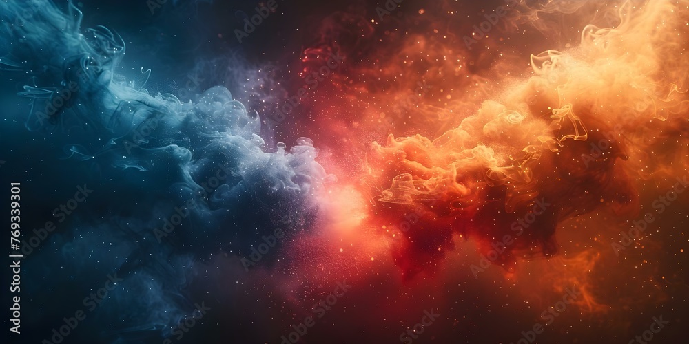 Dynamic blue and red smoke on black background evoking a boxing match or police-themed digital banner design. Concept Smoke Effect, Boxing Match, Police Theme, Digital Banner, Blue & Red Gradient
