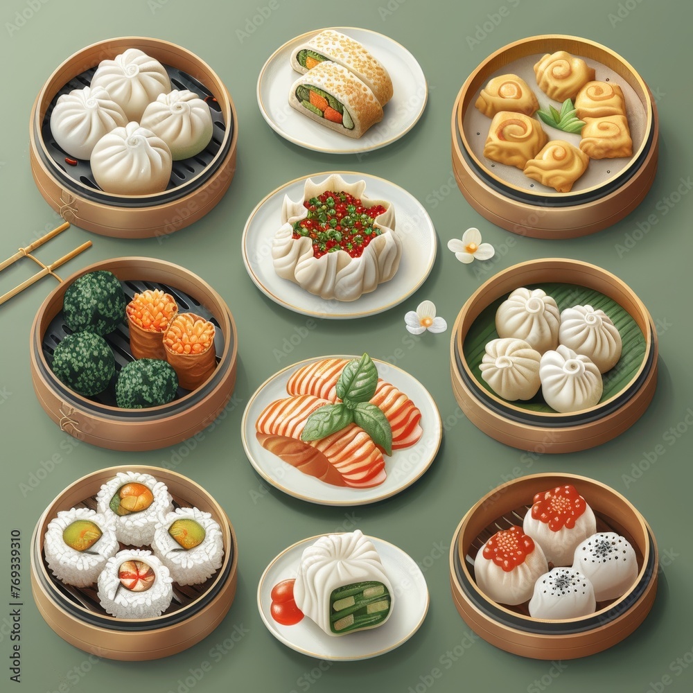 Flat Design, Delicious Dim Sum Food Illustration, Vector Style. Flat Design, Delicious Dim Sum Food Illustration, Vector Style.