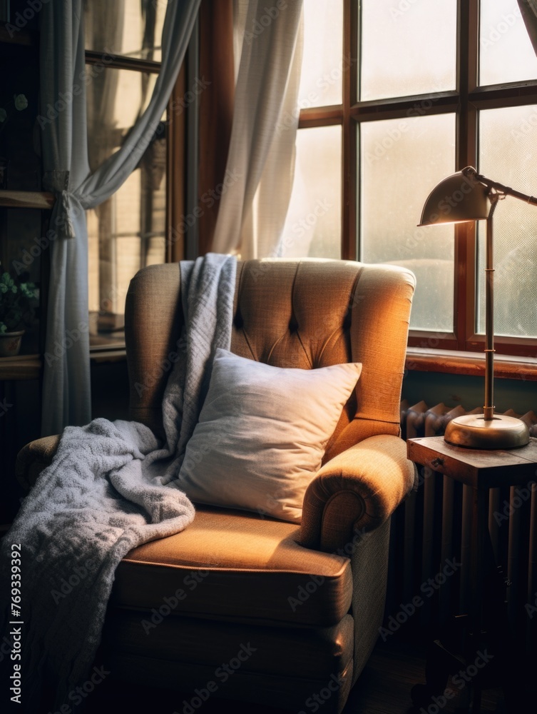 Obraz premium A chair with a white pillow and a blanket draped over it