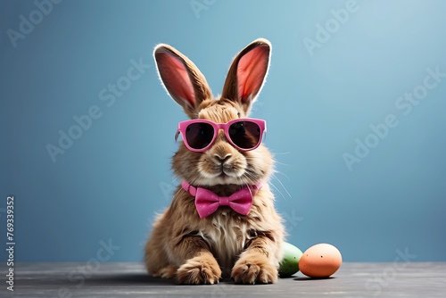 Cute bunny with sunglasses and easter eggs on blue background. © ASGraphicsB24
