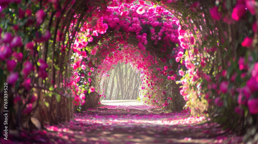 Mesmerizing tunnel created with vibrant roses - obrazy, fototapety, plakaty 