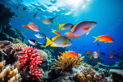 Vibrant marine life teems around a colorful coral reef under the dappled sunlight of the ocean’s surface