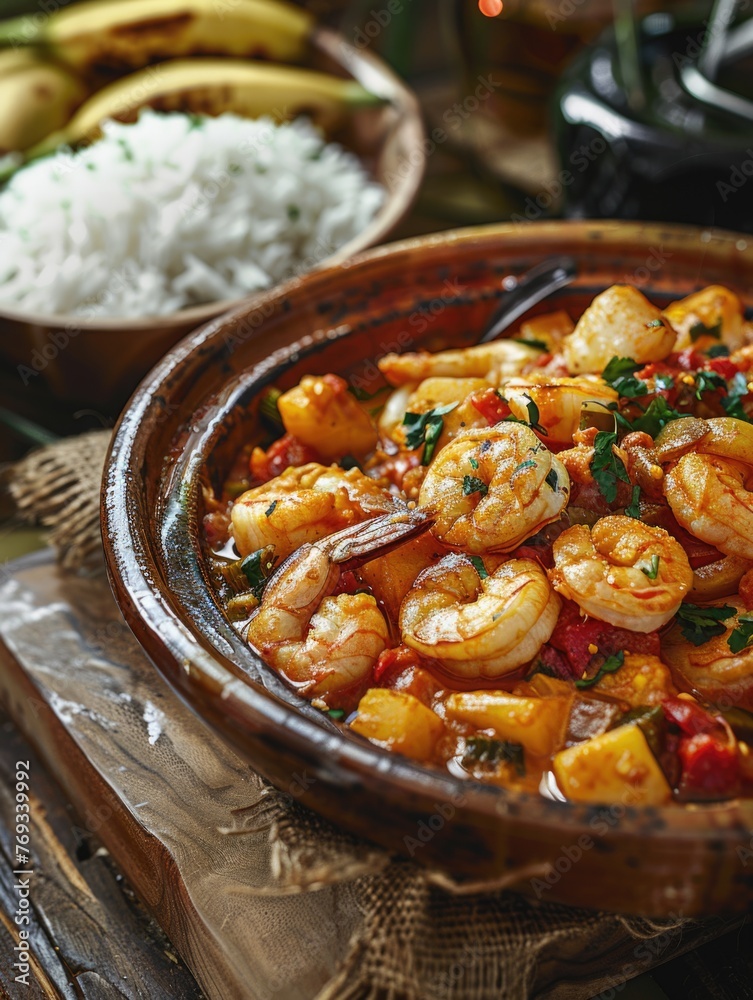 A bowl of shrimp and vegetables is on a wooden table A bowl of shrimp and vegetables is on a wooden table