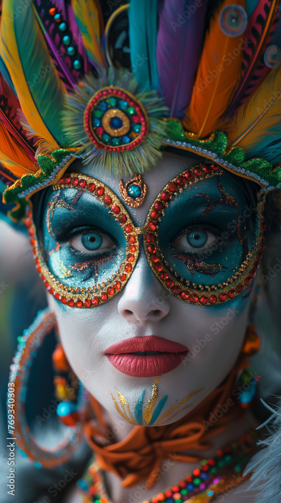 People wearing lively carnival masks Combining the essence of beauty, art and fashion, it stands up wonderfully in a Venetian masquerade. Her makeup and costumes combine imagination with tradition. Hi