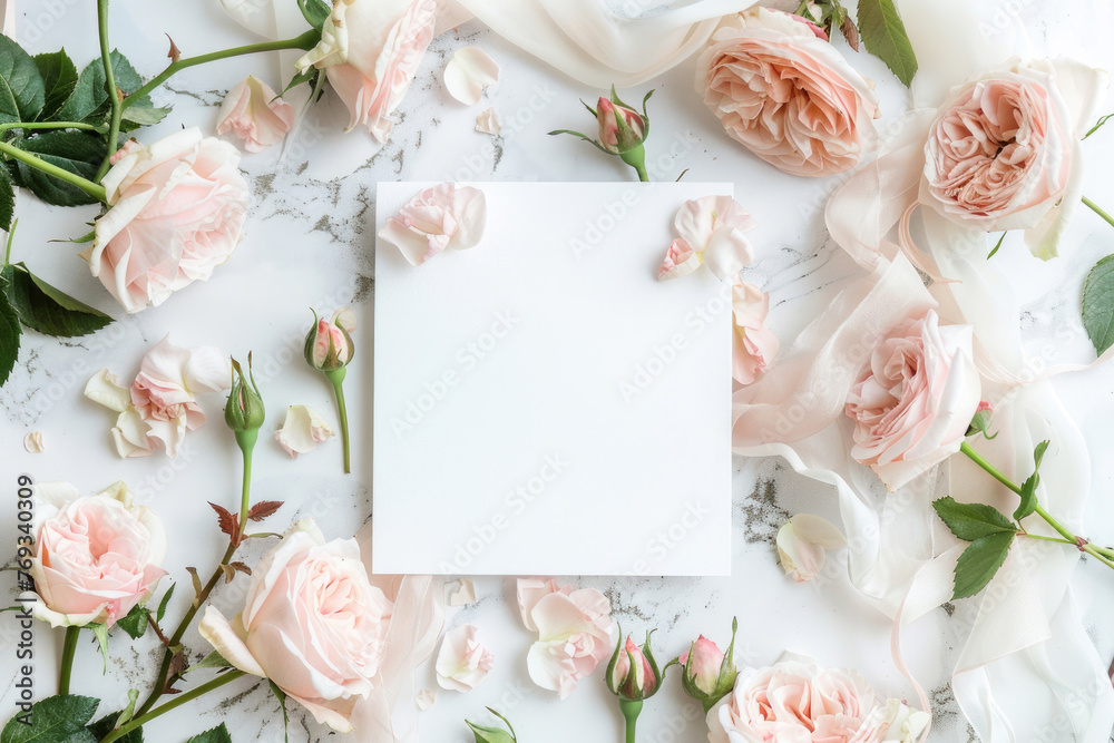 Blank card surrounded by light pink roses, buds, and silk ribbons