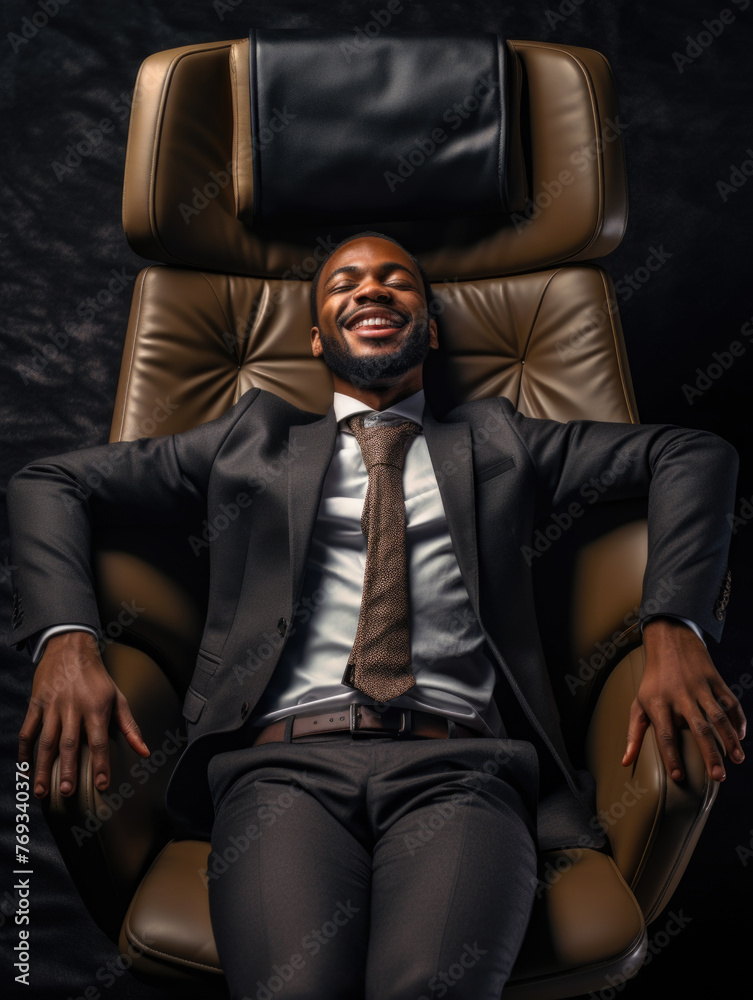 A man in a suit and tie is smiling and laying in a chair A man in a suit and tie is smiling and laying in a chair