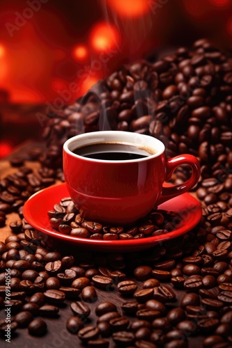 A red coffee cup with a white handle sits on a red plate with a pile of coffee b