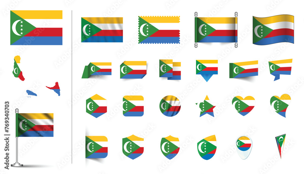 set of Comoros flag, flat Icon set vector illustration. collection of national symbols on various objects and state signs. flag button, waving, 3d rendering symbols set of Comoros flag, flat Icon set vector illustration. collection of national symbols on various objects and state signs. flag button, waving, 3d rendering symbols