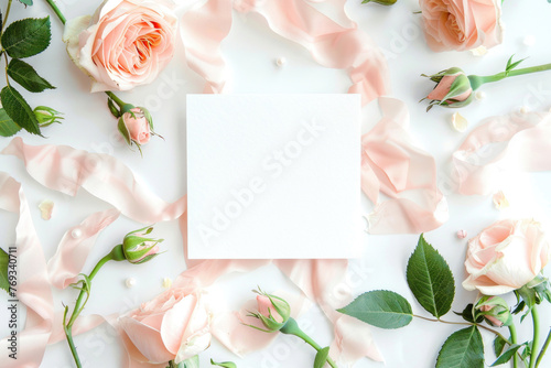Blank card surrounded by light pink roses, buds, and silk ribbons