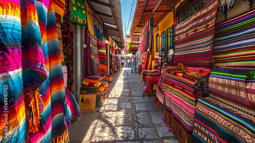 Vibrant Handwoven Textiles in a Colorful Mexican Outdoor Market Capturing Culture and Commerce © R Studio