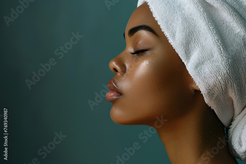 African american woman with closed eyes wearing white hair towel with place for text on dark green background, spa concept. photo
