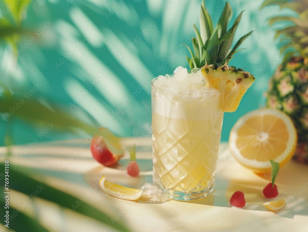 A glass of a drink with a pineapple and a lemon slice on top A glass of a drink with a pineapple and a lemon slice on top