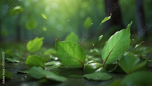 Green leaves with water drops and bokeh background, nature concept