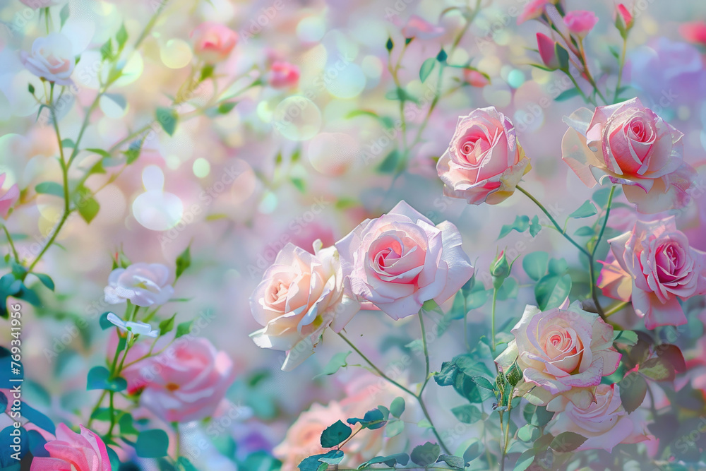 Blooming delicate roses on a festive floral background