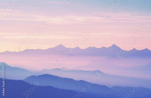 Blue mountains landscape abstract background. Morning wood panorama, pine trees and mountains silhouettes.