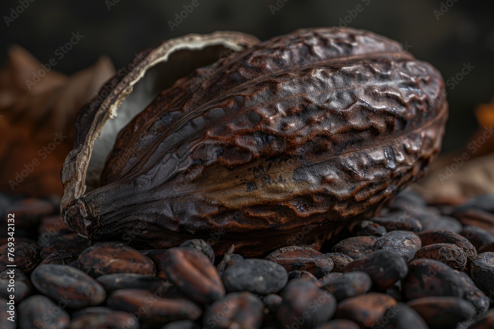 The beans are scattered around the pod, creating a contrast between the two The beans are scattered around the pod, creating a contrast between the two