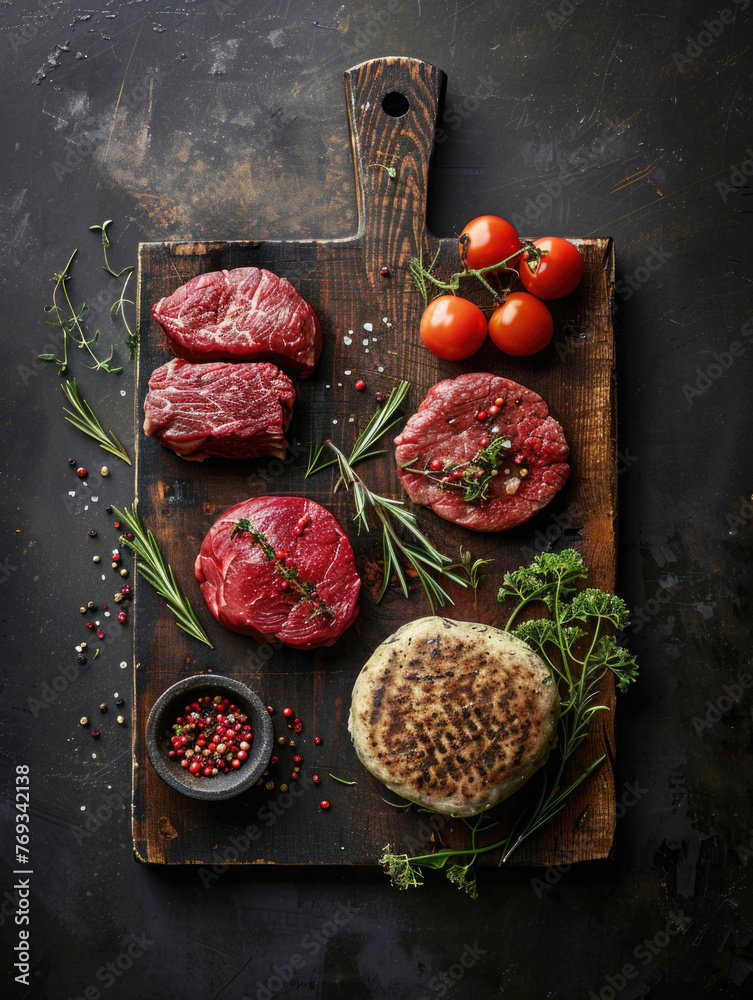 A wooden cutting board with meat and vegetables on it A wooden cutting board with meat and vegetables on it