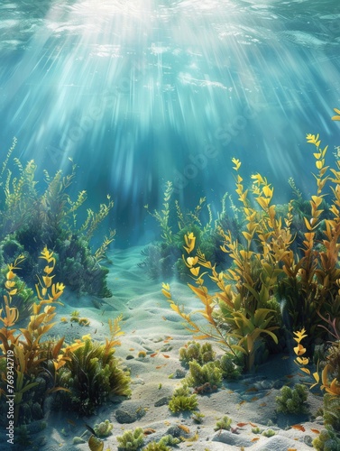 A beautiful underwater scene with a lot of green plants and a sandy bottom