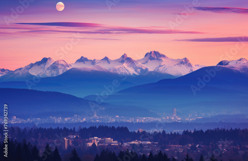 Blue mountains landscape abstract background. Morning wood panorama, pine trees and mountains silhouettes.