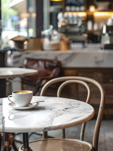 A white coffee cup sits on a table in a cafe