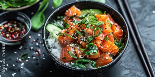 A bowl of sushi with a lot of green vegetables and rice