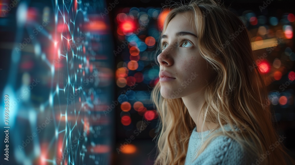 Casual woman analyzing  data science in office with data visualization with artificial intelligence neural network architecture.
